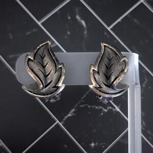Vintage Clip On Earrings Dark Metallic Large Leaf Fall Autumn Statement